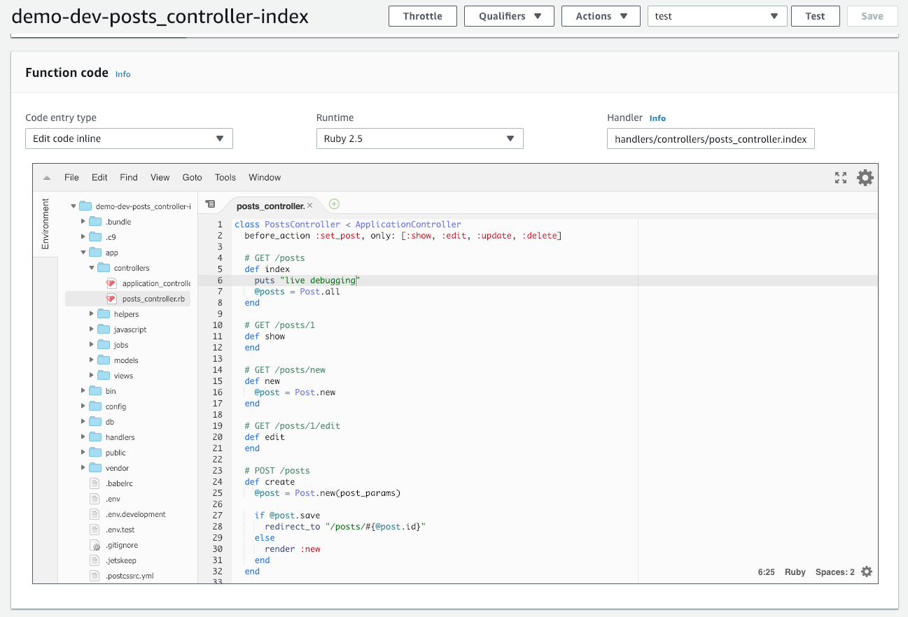 Screenshot of AWS UI allowing editing of function code