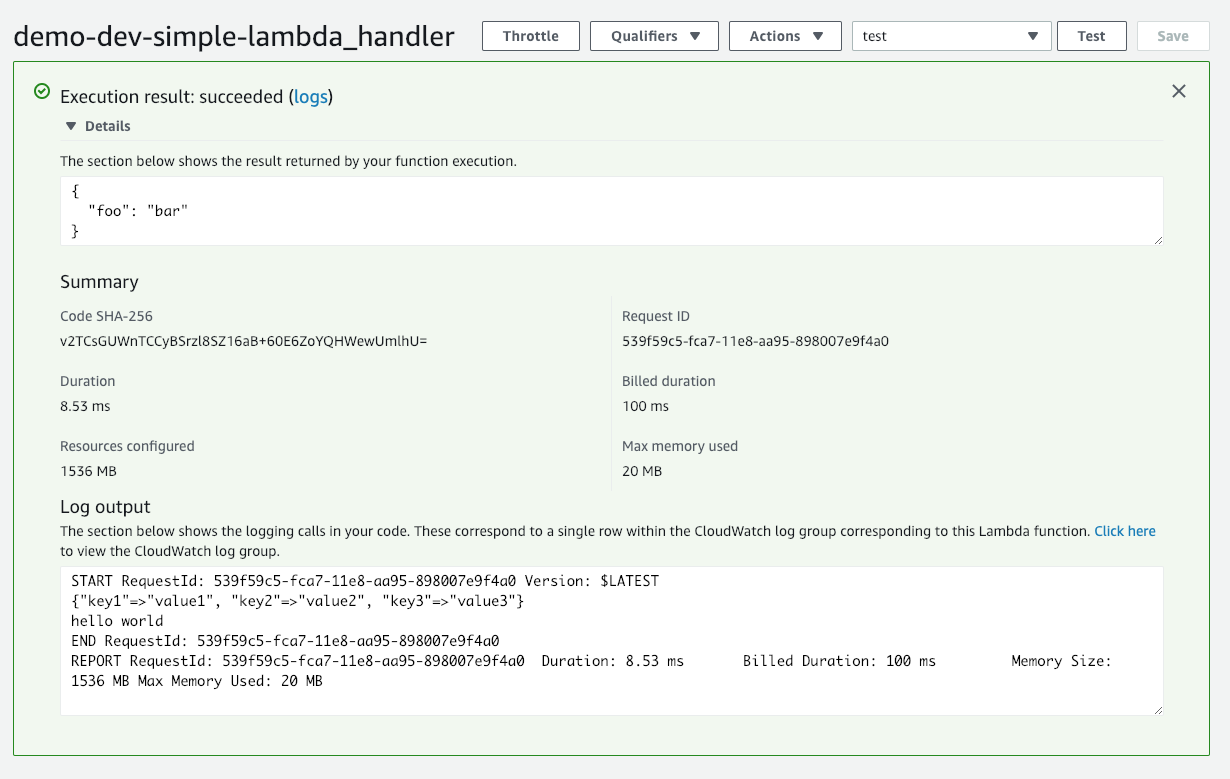 Report of successful execution of the Lambda function